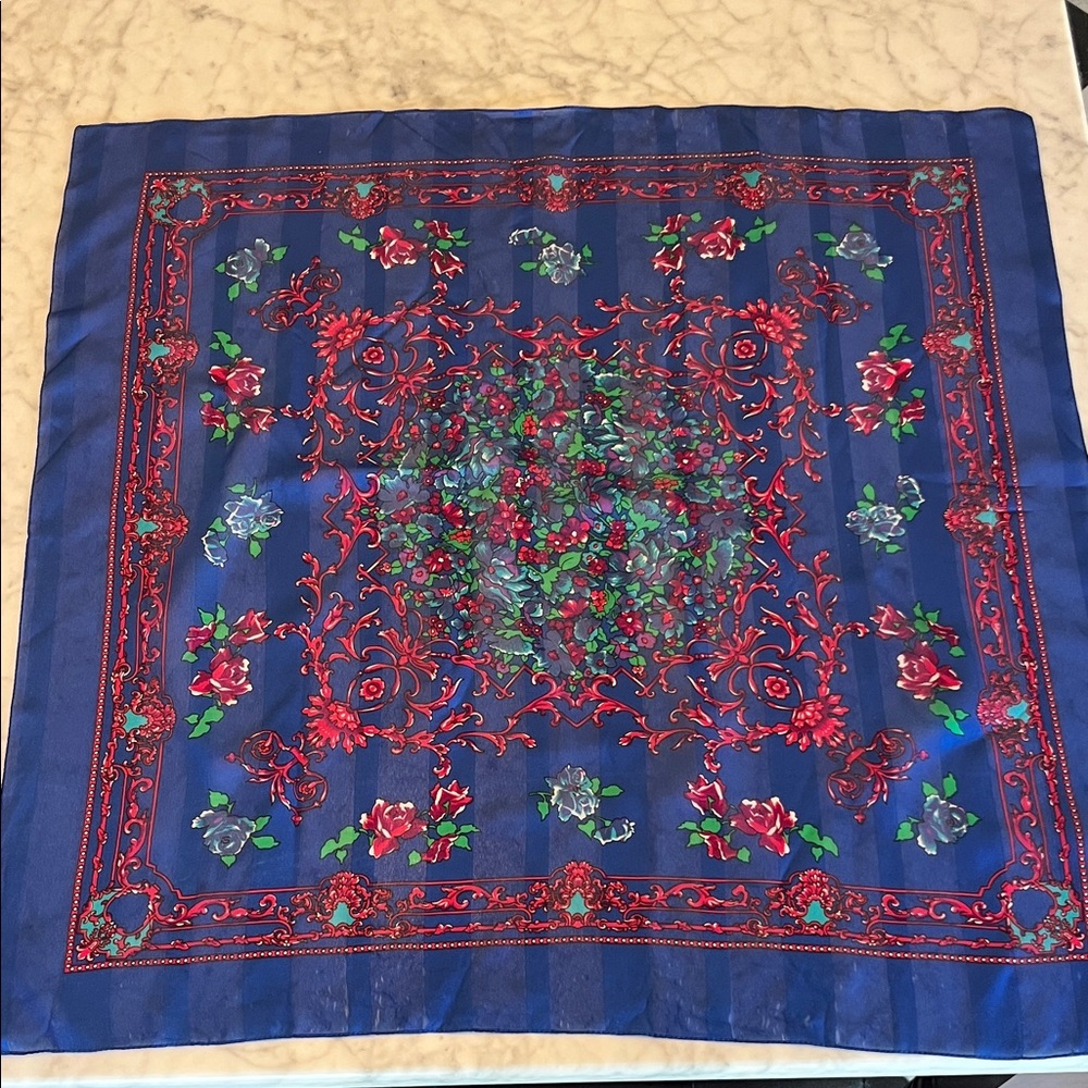 Vintage Floral Blue and Red Scarf 30.5 X 30 inches